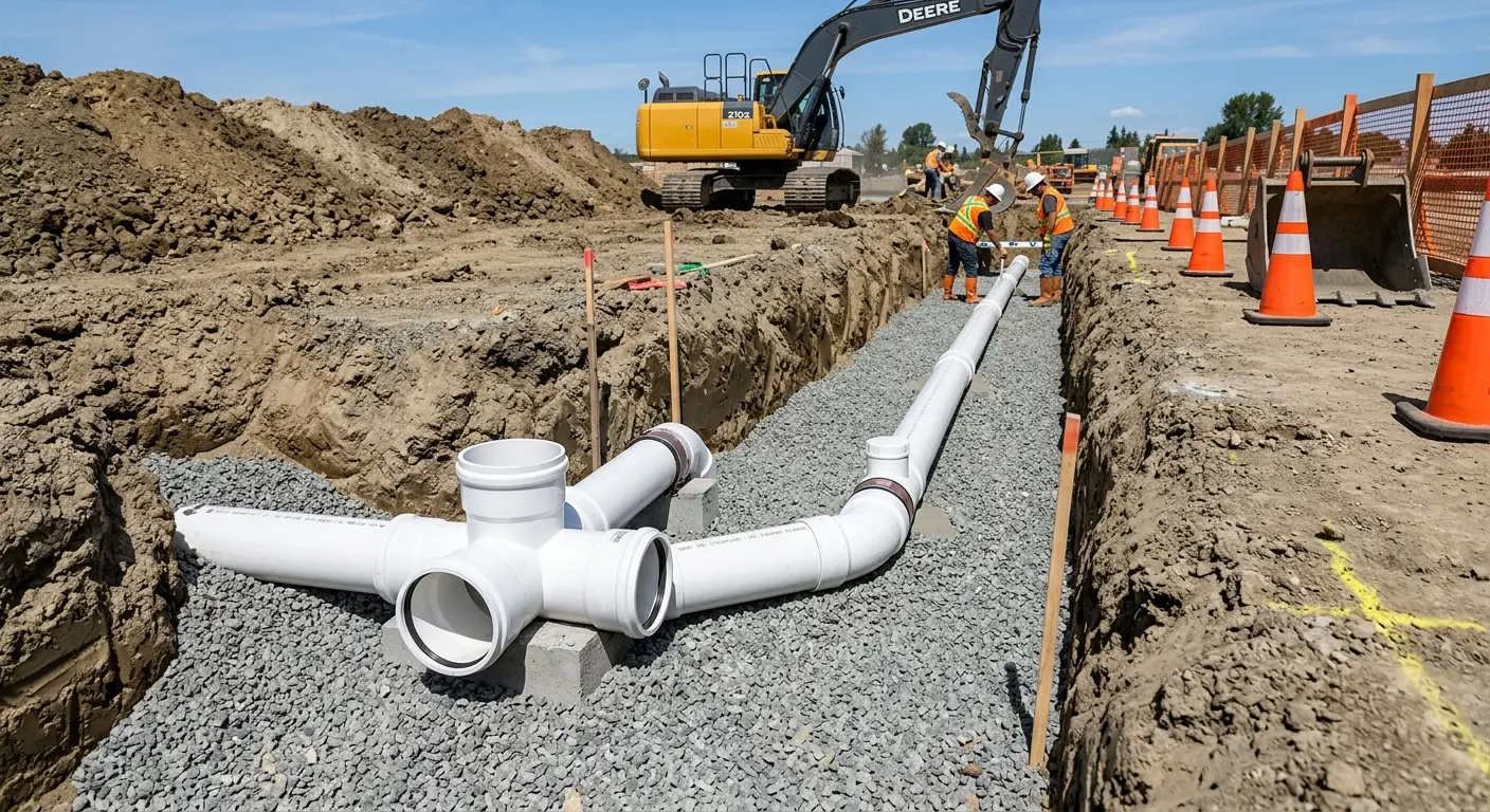 New PVC sewer pipe installation in open trench for Sewer Backup in Carthage