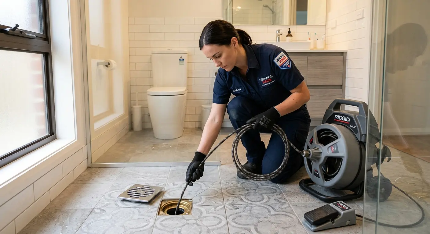 Technician clearing a bathroom floor drain for Clogged Drain Repair in Carthage